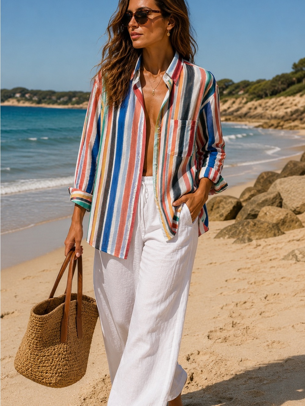 COCO Y CLUB Multicolor Watercolor Stripe Button-Up Blouse | Size Medium